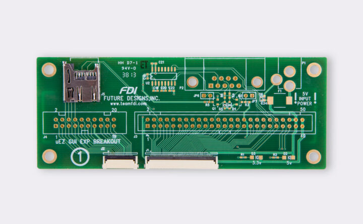 A photo of Expansion Board for µEZGUIs with full 70-pin breakout, 4-bit microSD card slot, and optional RS232 from the front